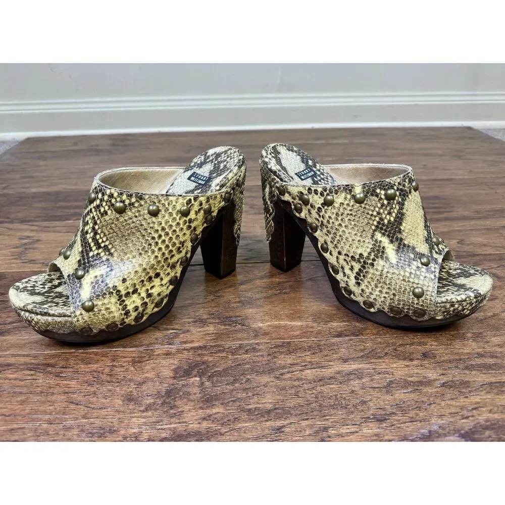STUART WEITZMAN Genuine Snakeskin Brass Rivet Wooden Clog Platform, Sz 8.5